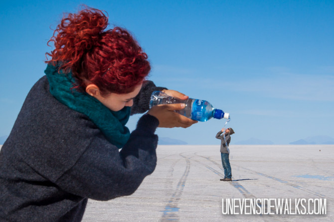 Salt Flat Funny Picture Illusion, Landon Drinking Water from a Bottle